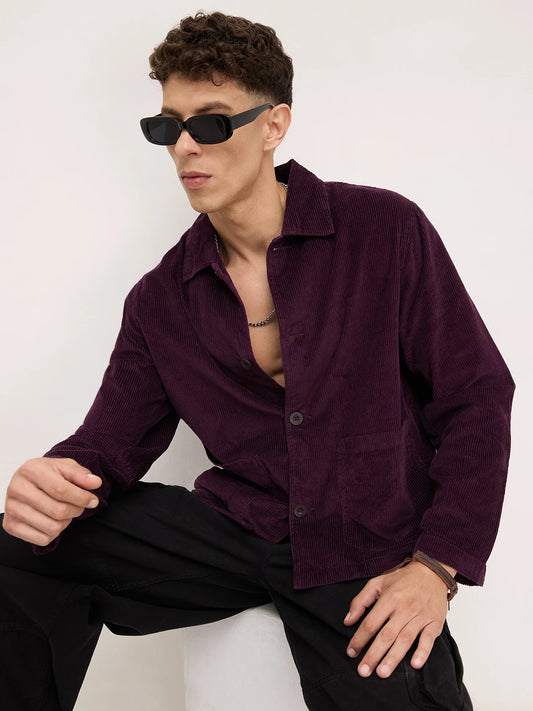 Exquisite Wine Corduroy Double Pocket Oversized Shacket