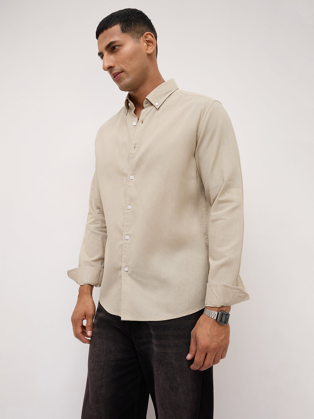 Luxe Laurel Green Button-Down Collar Linen Blend Shirt