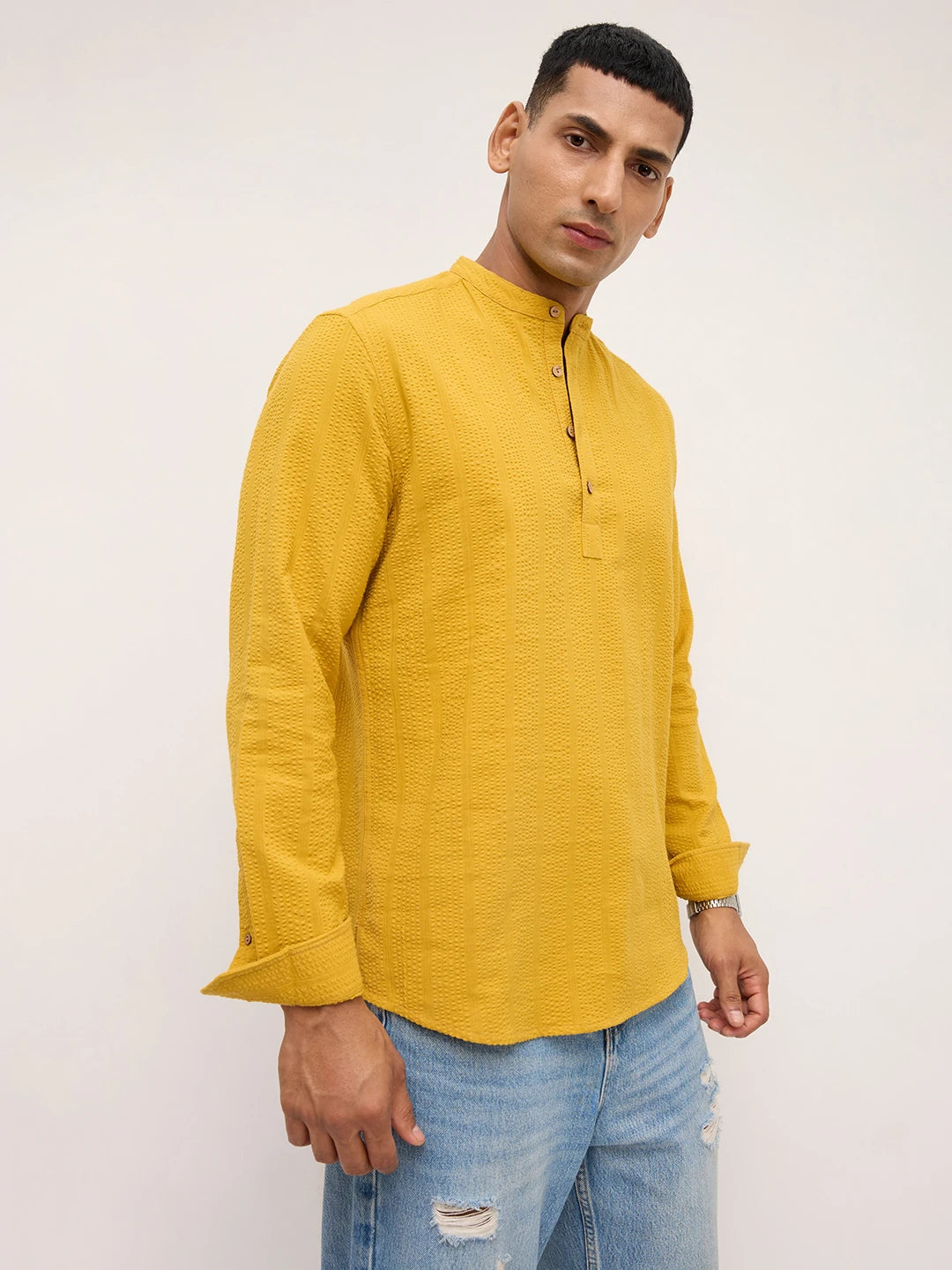 Luxe Mustard Yellow Seersucker Striped Kurta