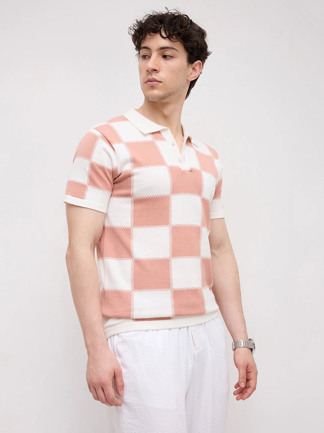 Scalloped Soft Peach Block Checks Polo Flat Knit T-shirt