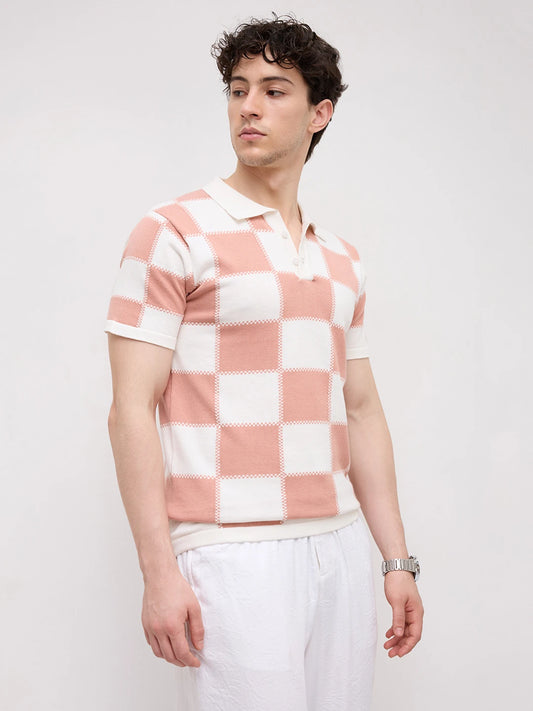 Scalloped Soft Peach Block Checks Polo Flat Knit T-shirt
