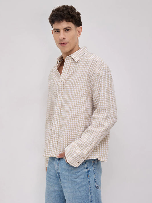 Beige Mosaic Textured Boxy Fit Crop Shirt