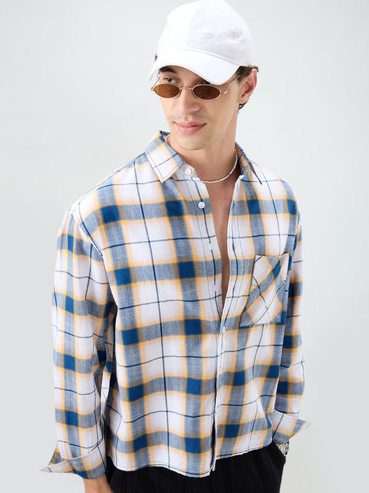 Denim Blue Herringbone Windowpane Checks Boxy Fit Shirt