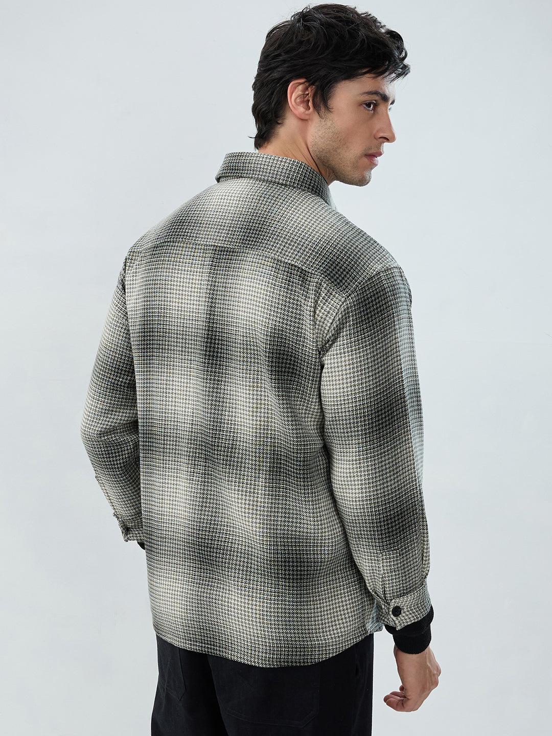 Olive & Black Houndstooth Checks Double Pocket Flannel Shirt