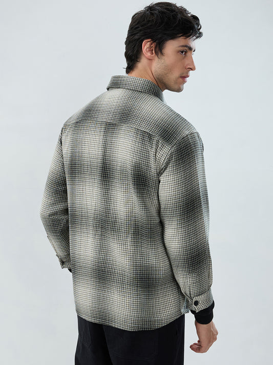 Olive & Black Houndstooth Checks Double Pocket Flannel Shirt