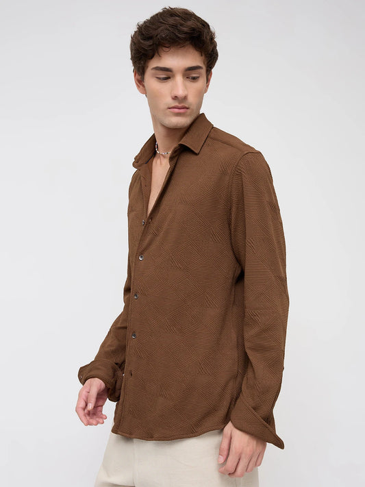 Refined Brown Maze Textured Knitted Shirt