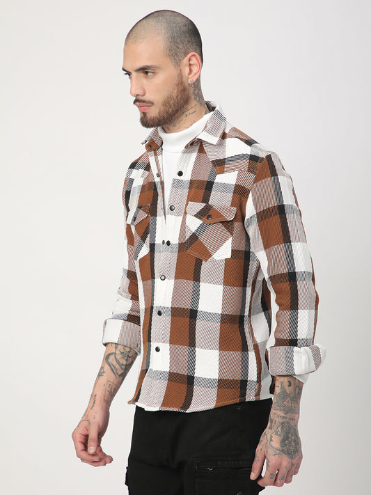 Brown & White Heavy Twill Jacquard Double Pocket Shirt