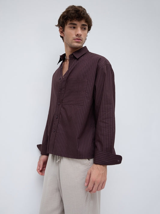 Plush Brunette Brown Subtle Striped Boxy Fit Crop Shirt