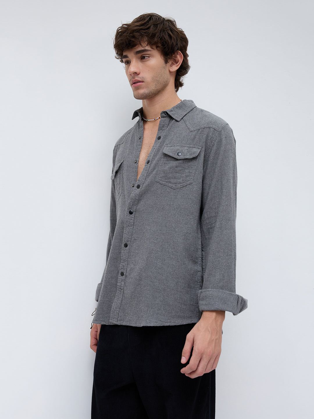 Solid Intense Grey Flannel Double Flap Pocket Shirt