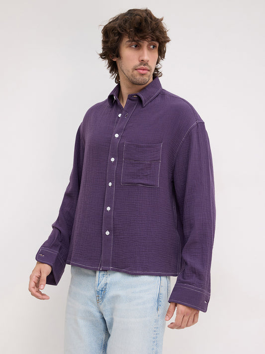 Aubergine Purple Contrast Stitch Double Cloth Boxy Fit Crop Shirt