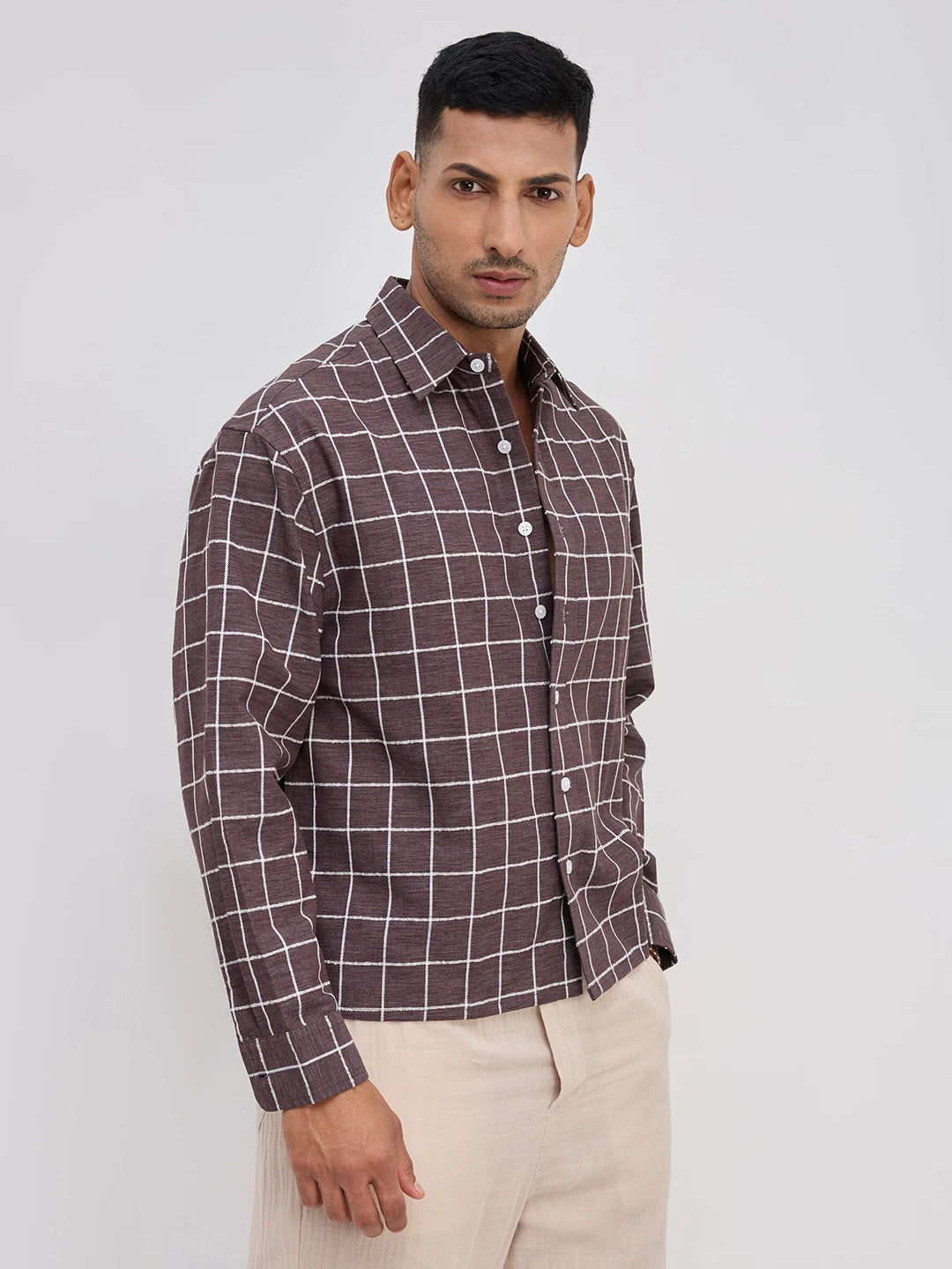 Espresso Brown Contrast Square Checks Boxy Fit Crop Shirt