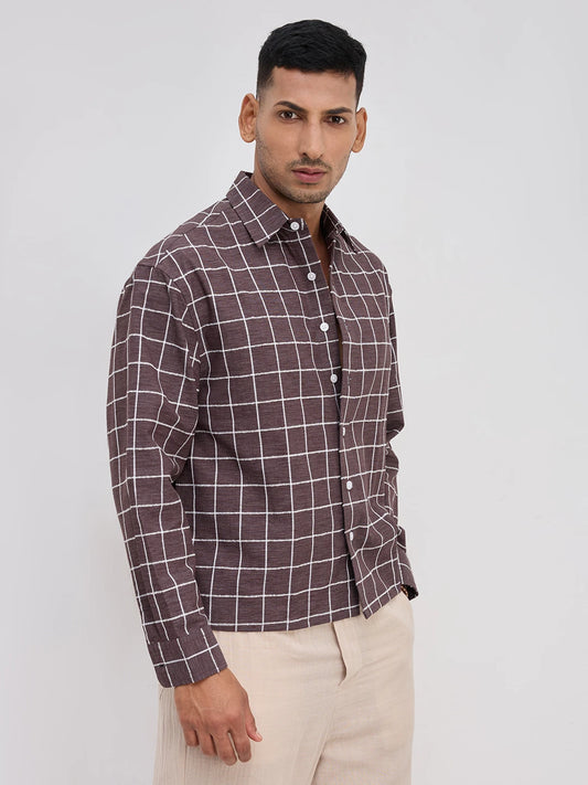 Espresso Brown Contrast Square Checks Boxy Fit Crop Shirt