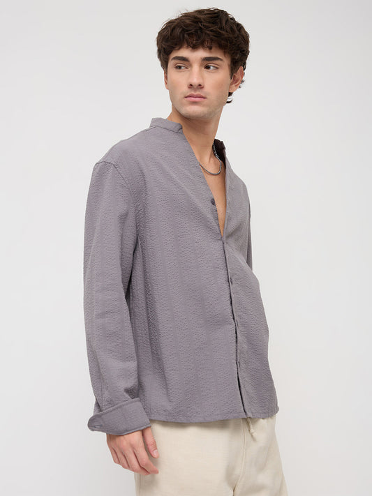 Grey Seersucker Striped Stand Collar Oversized Shirt