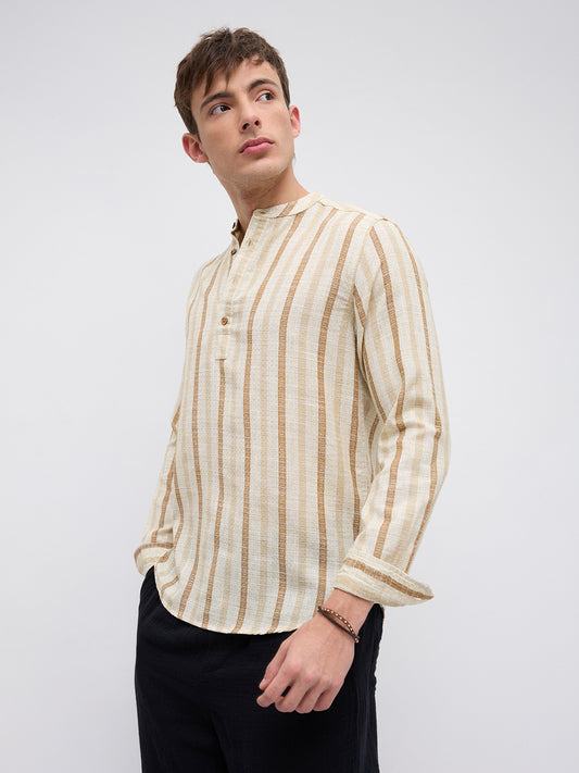 Dessert Sand Beige Jacquard Woven Striped Kurta