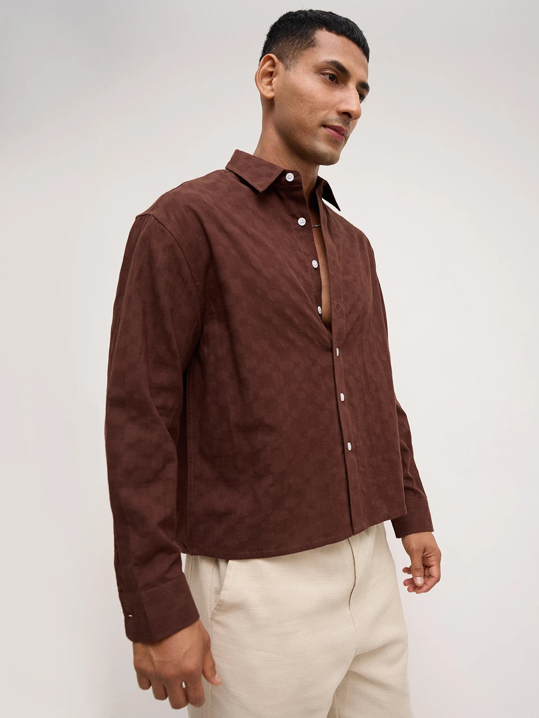 Coffee Brown Square Weave Boxy Fit Crop Shirt