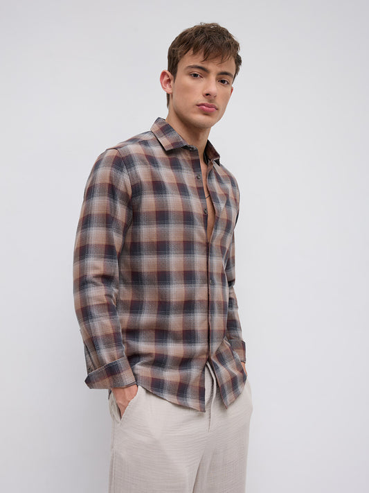 Elegant Smoked Brown Block Checks Everyday Shirt