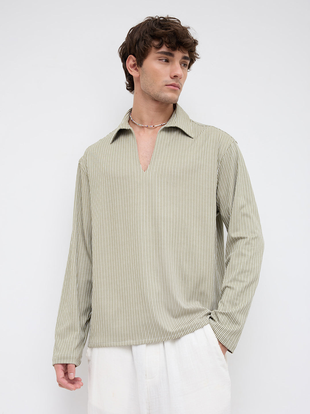 Classic Green Rib Striped Oversized Polo Shirt