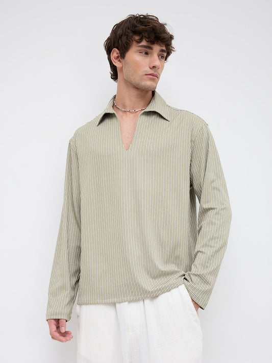 Classic Green Rib Striped Oversized Polo Shirt