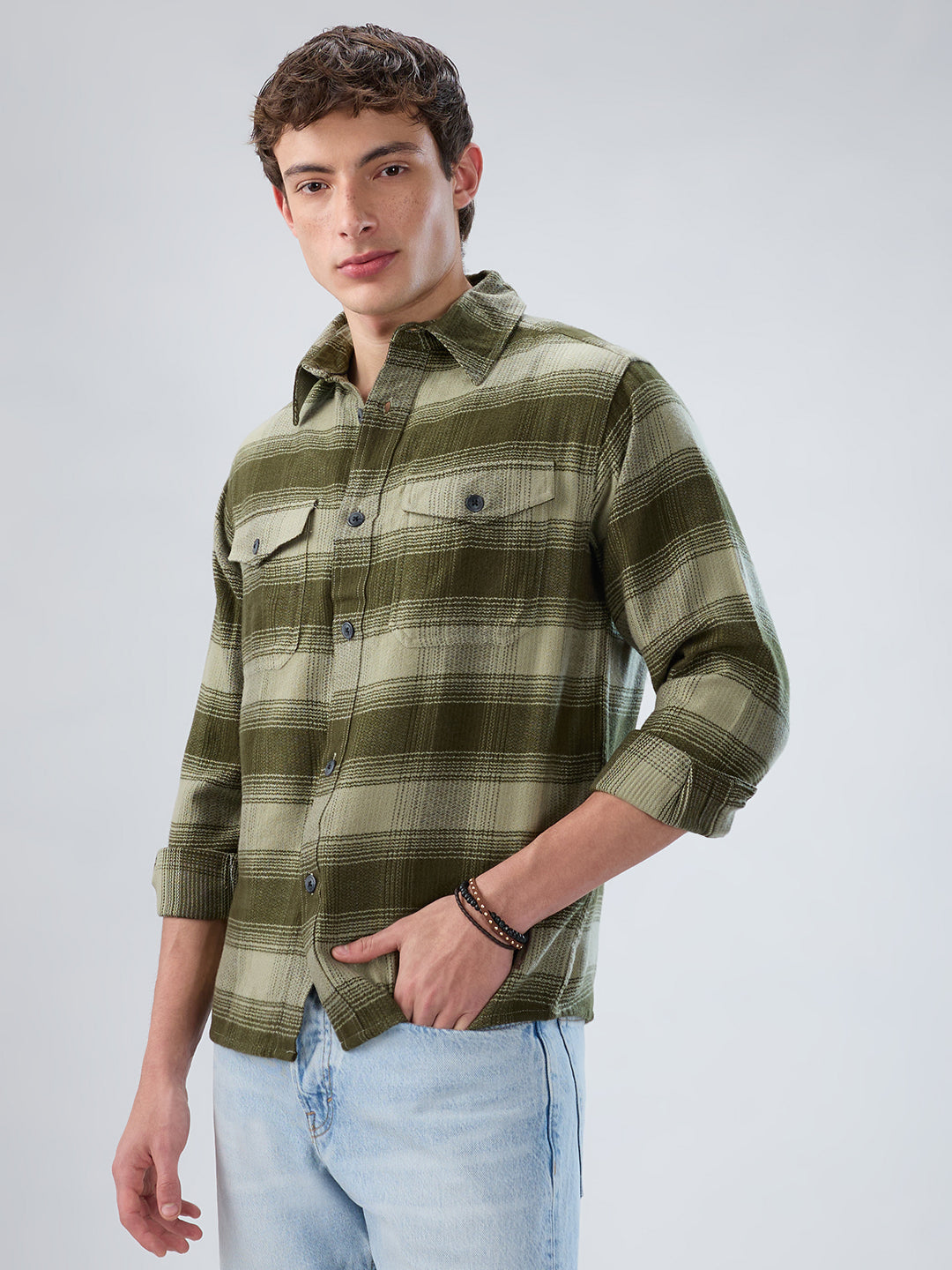 Forest Olive Grid Double Pocket Flannel Shirt
