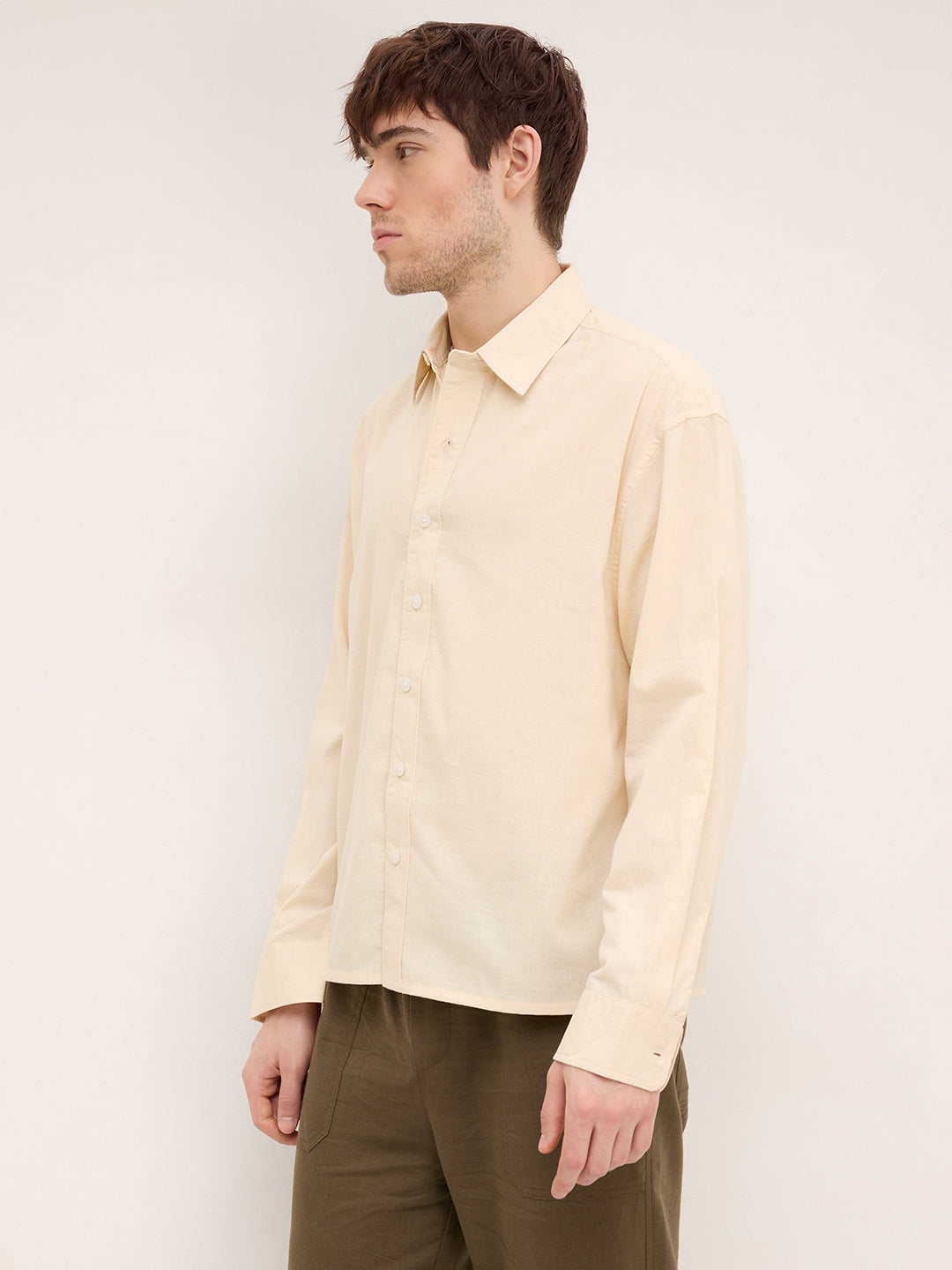 Bisque Beige Lyocell Boxy Fit Crop Shirt