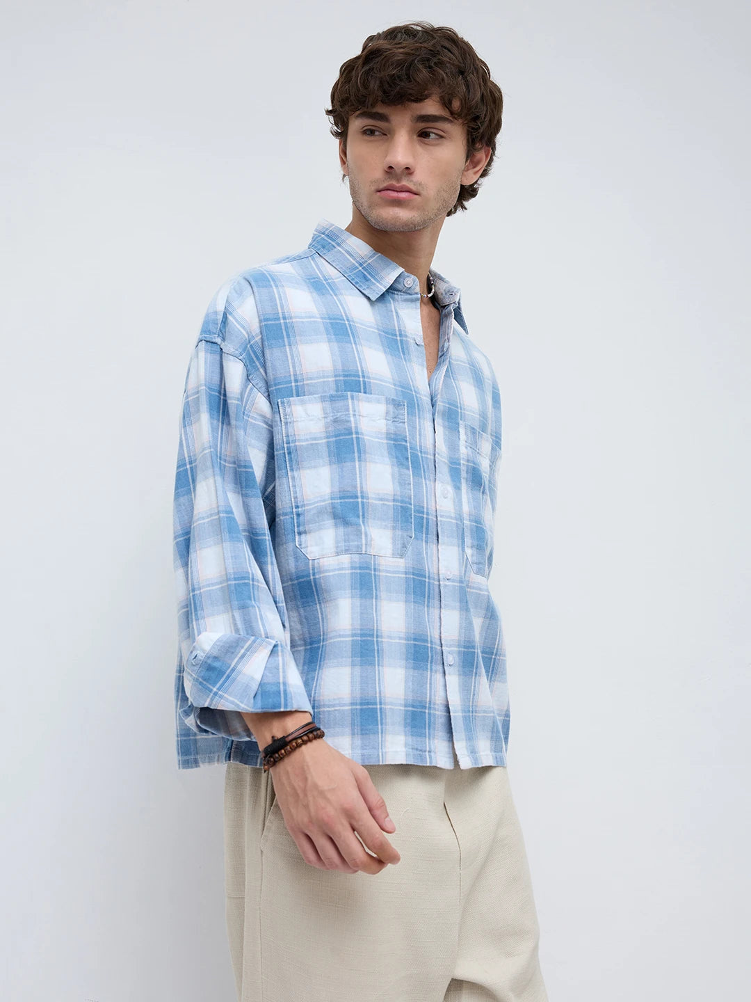 Denim Blue & White Plaid Twin Pocket Oversized Crop Shirt