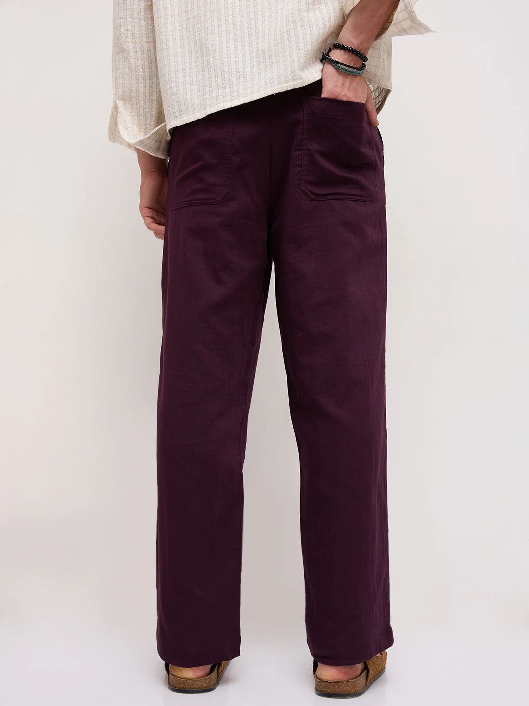 Rich Wine Fine Herringbone Textured Straight Fit Trousers