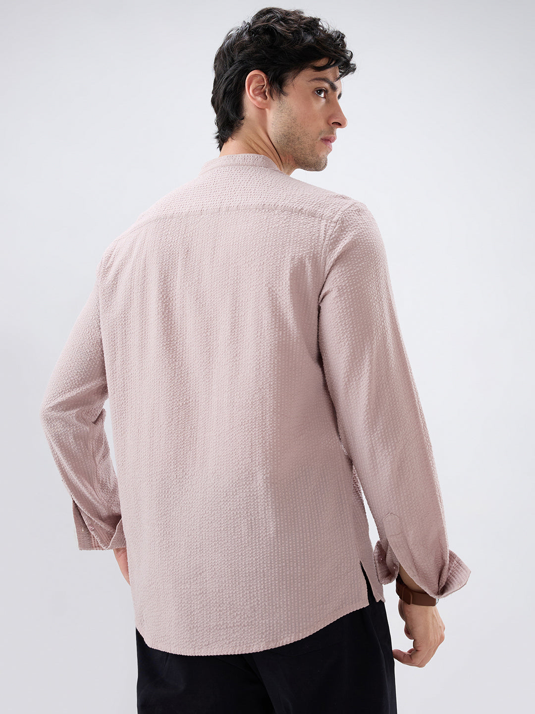 Taupe Beige Seersucker Striped Kurta
