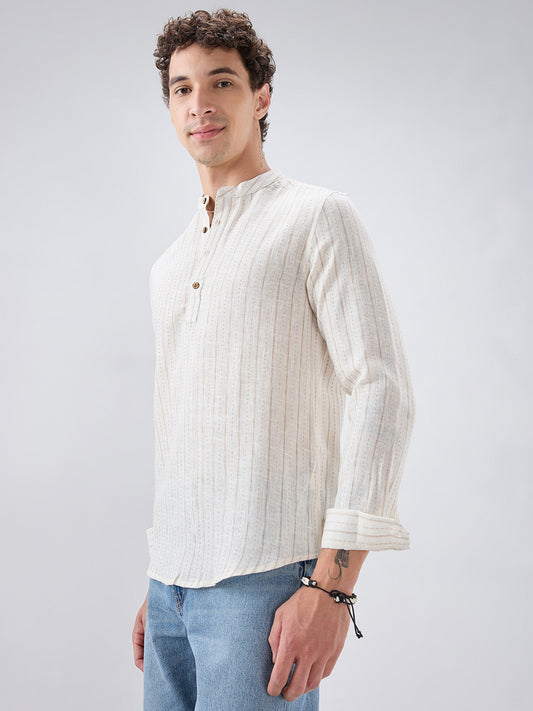 White & Beige Burlap Weaved Striped Kurta