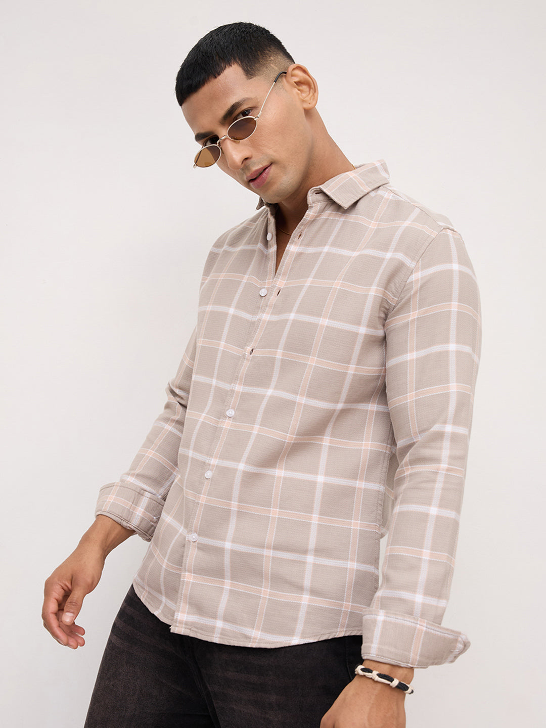 French Beige Block Checks Shirt