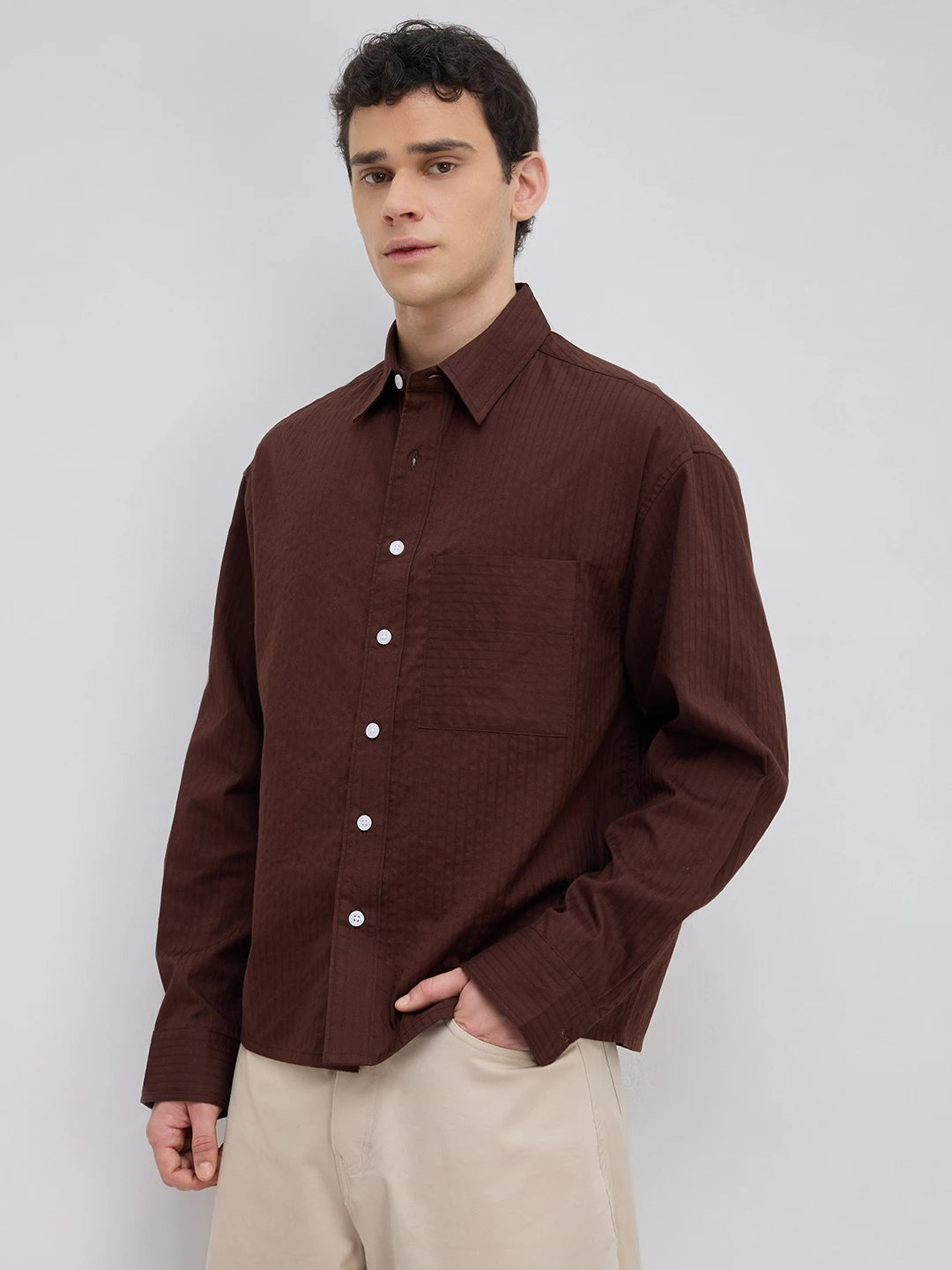Espresso Brown Pinstriped Boxy Fit Crop Shirt