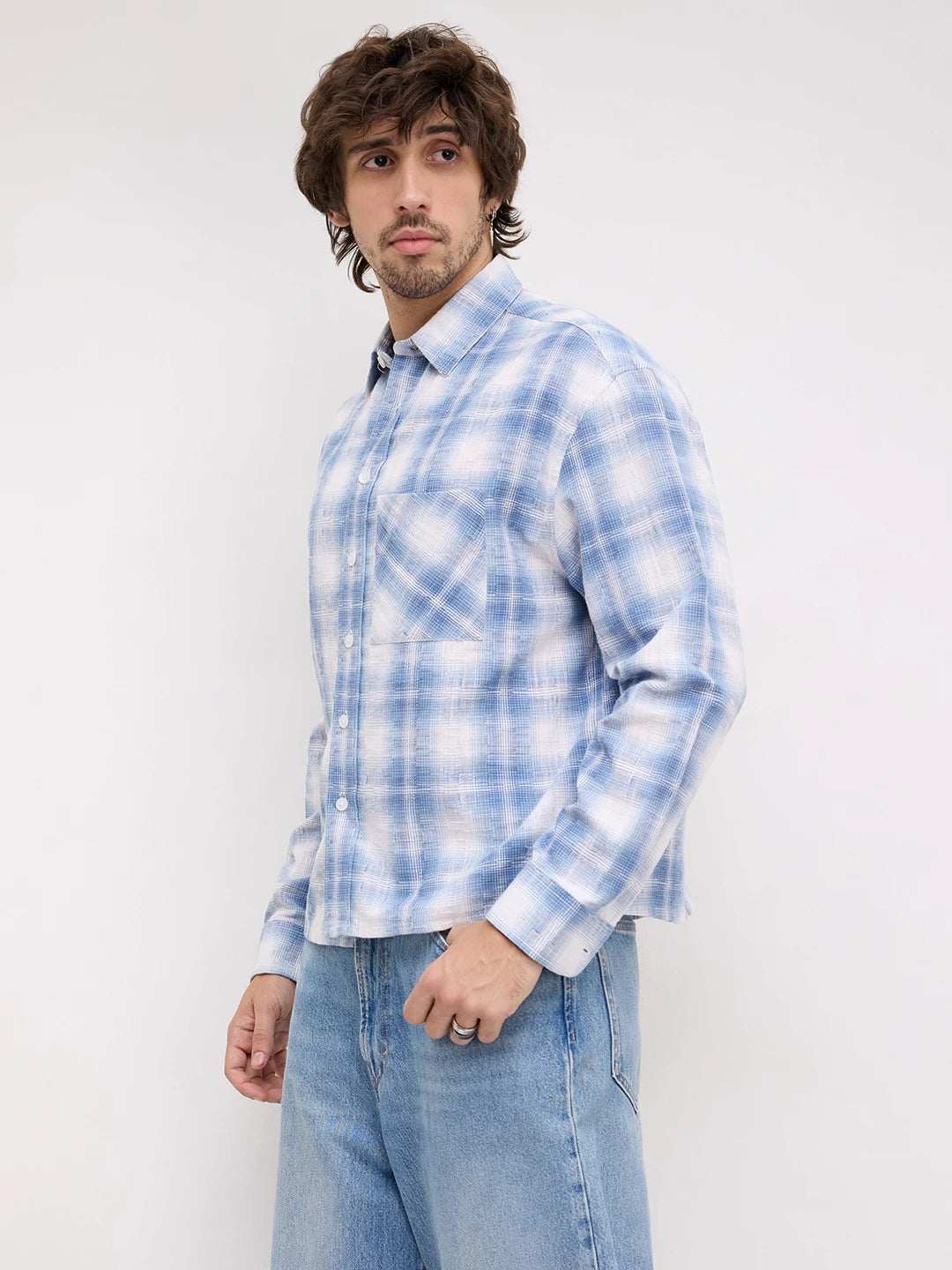 Blue Shadow Checks Handloom Effect Boxy Fit Crop Shirt
