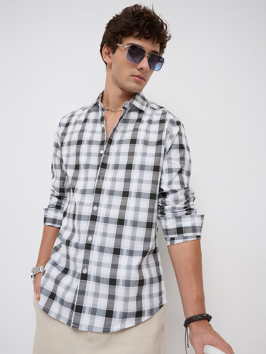 Premium White & Grey Plaid Checks Textured Shirt