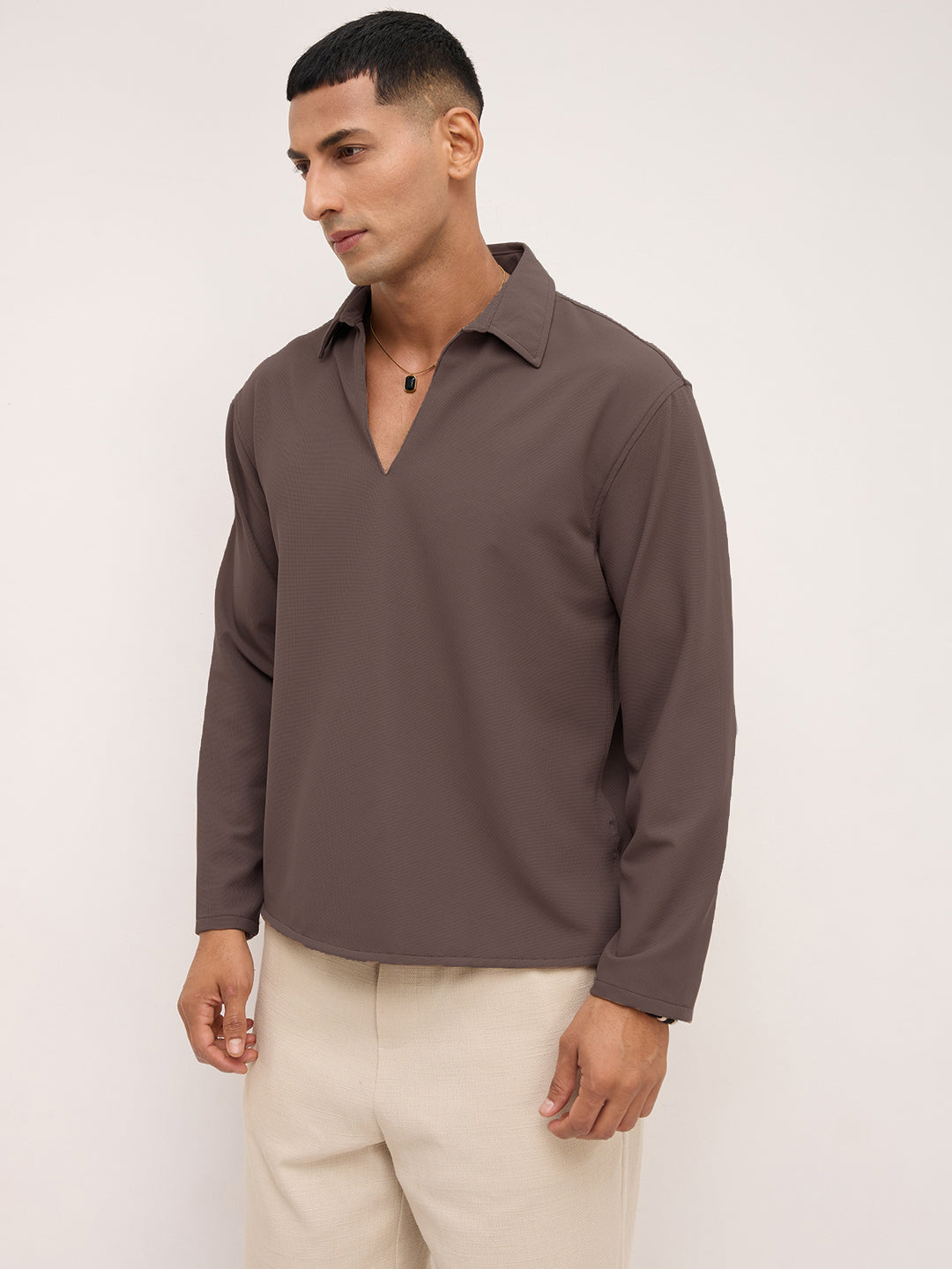 Saddle Brown Oversized Polo Tencel Knit Shirt