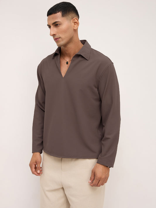 Saddle Brown Oversized Polo Tencel Knit Shirt