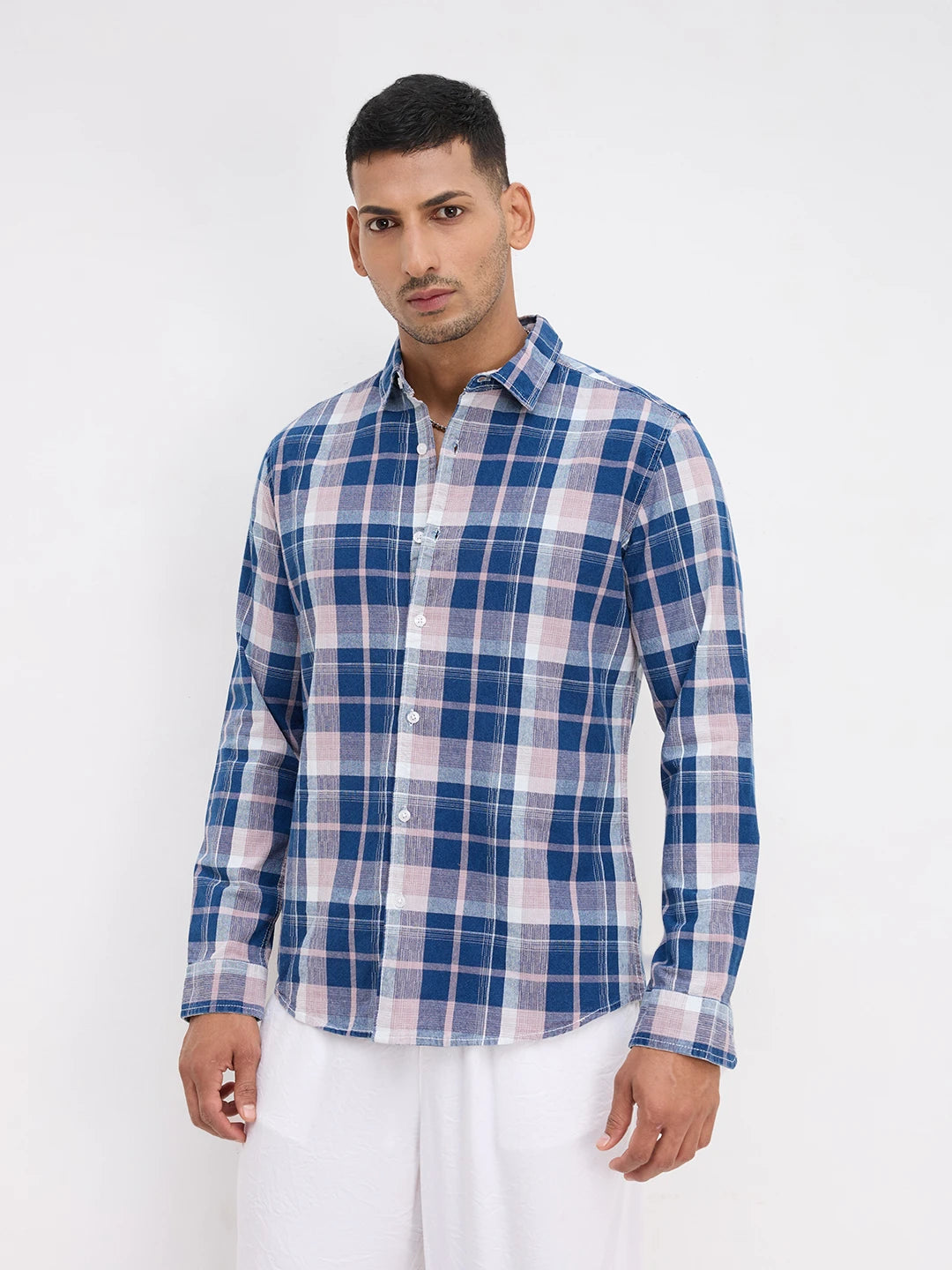 Denim Blue & Peach Multi Line Block Checks Shirt