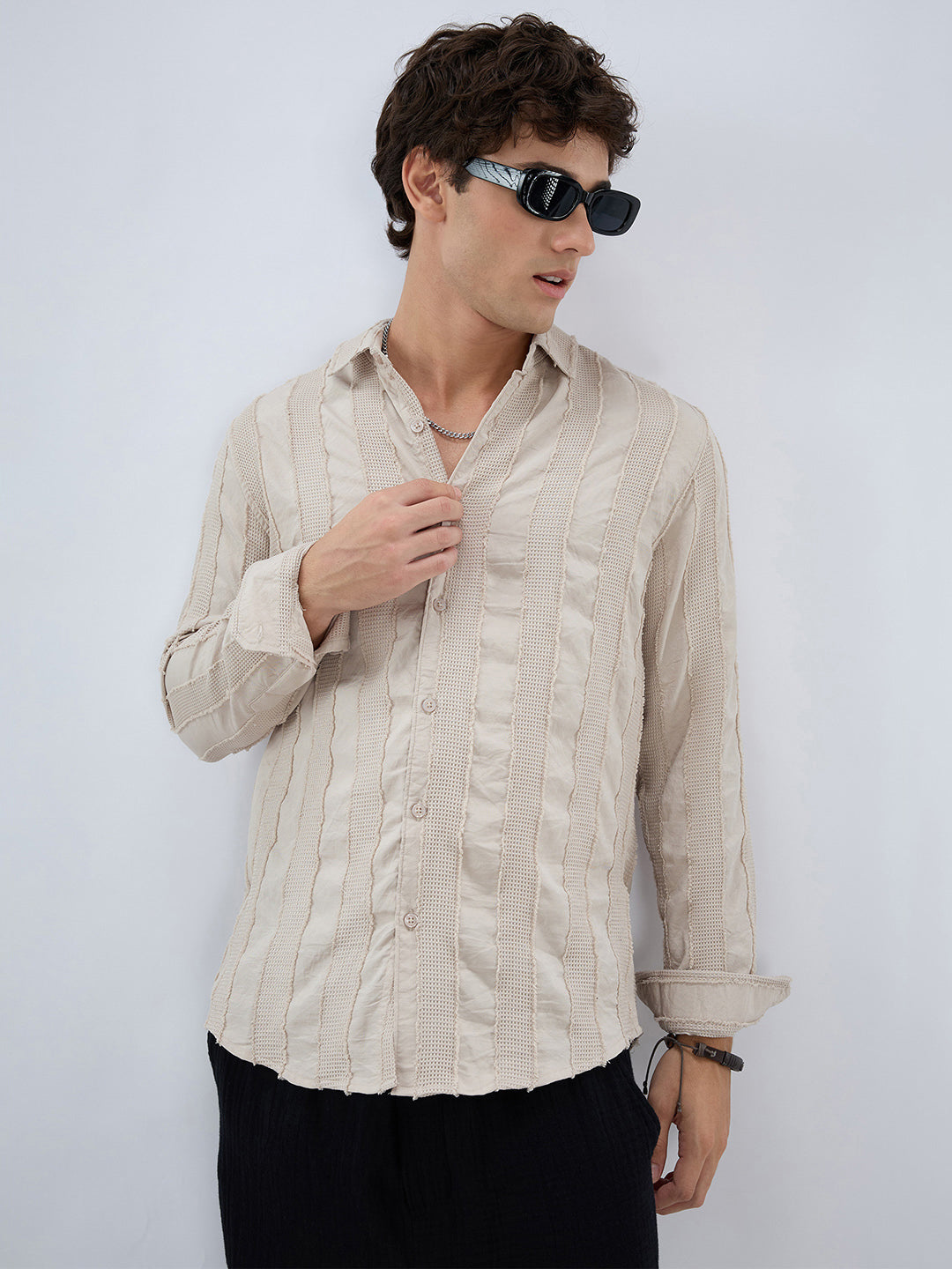 Bisque Beige Frayed Panelled Waffle Textured Shirt