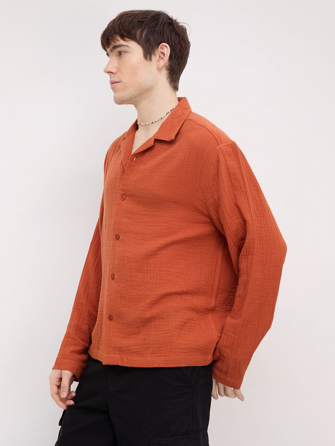 Firey Rust Double Cloth Notch Collar Oversized Shirt