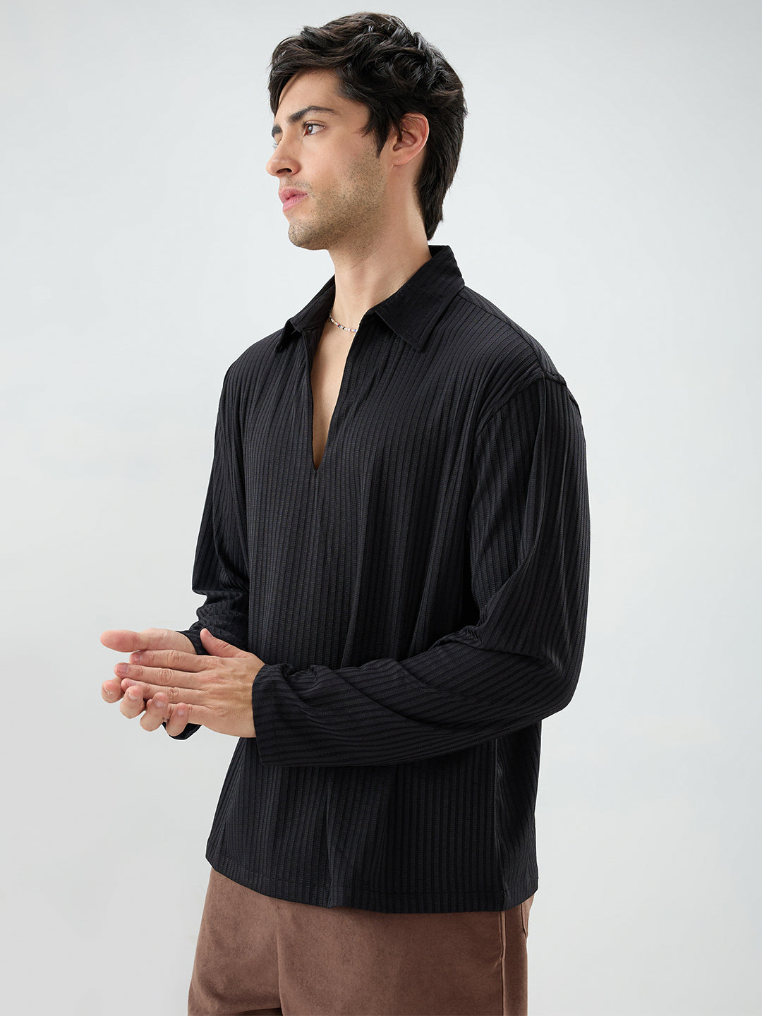 Black Dual Weave Striped Oversized Polo Knit Shirt
