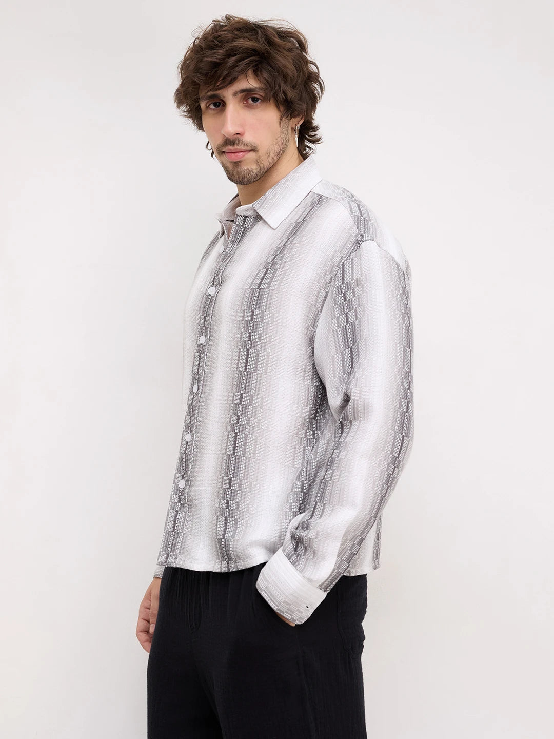 Monochrome Shadow Interlock Loom Striped Boxy Fit Crop Shirt