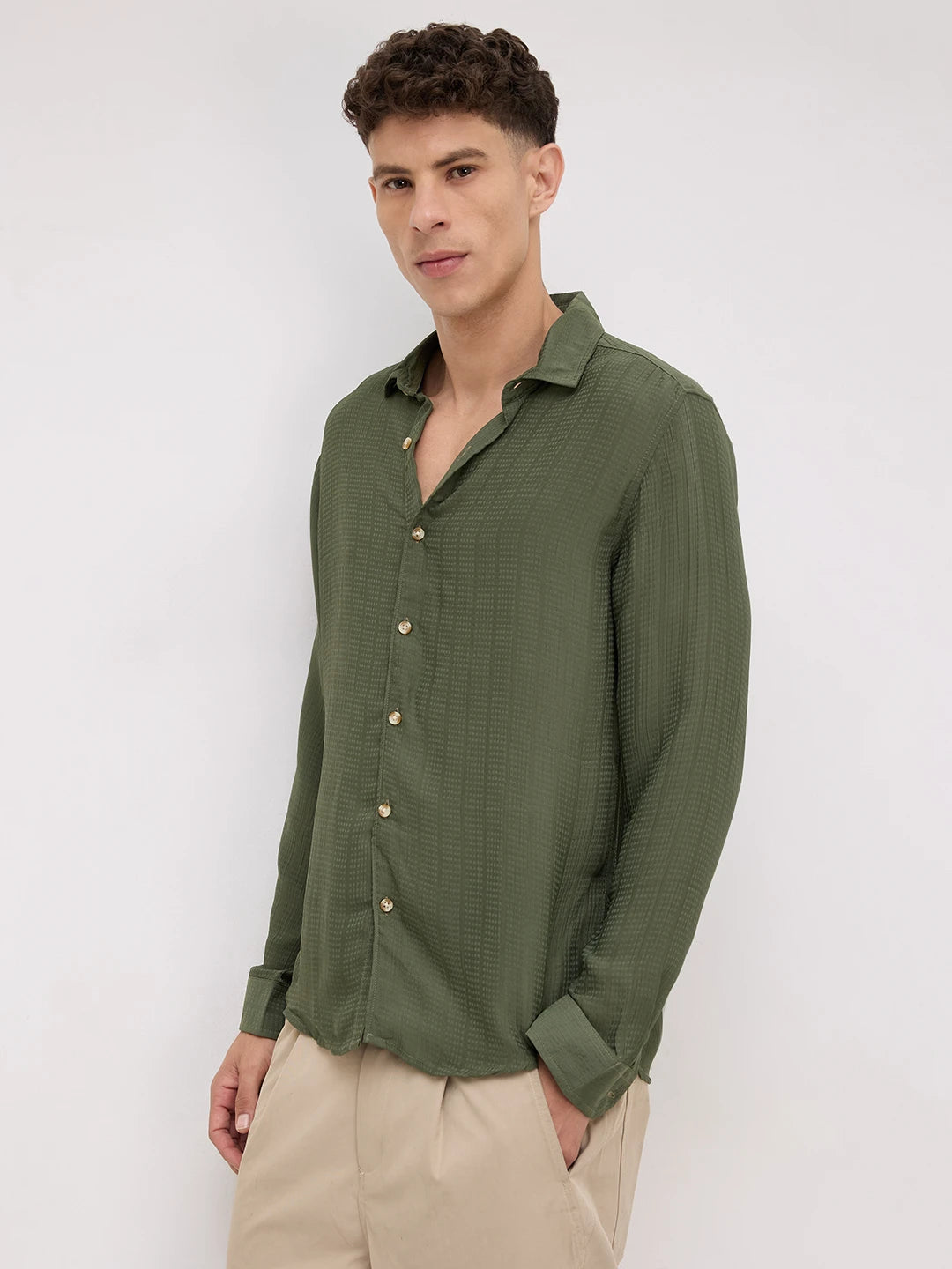 Refined Olive Streaky Emboss Shirt