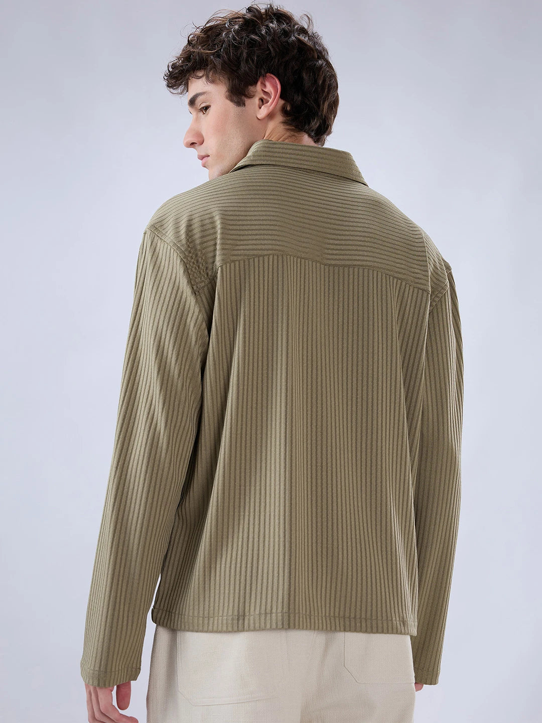 Olive Dual Weave Striped Oversized Polo Knit Shirt