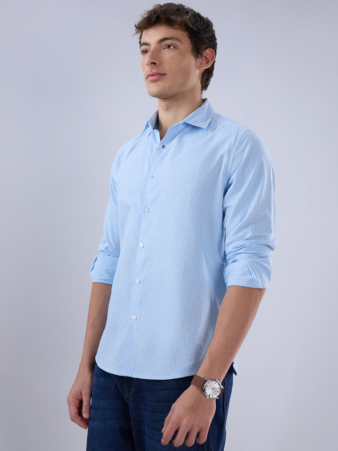 Sky Blue & White Tiny Checkered Oxford Shirt