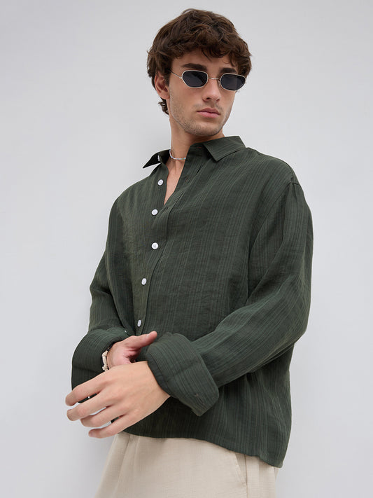 Olive Pin Striped Crinkled Boxy Fit Crop Shirt