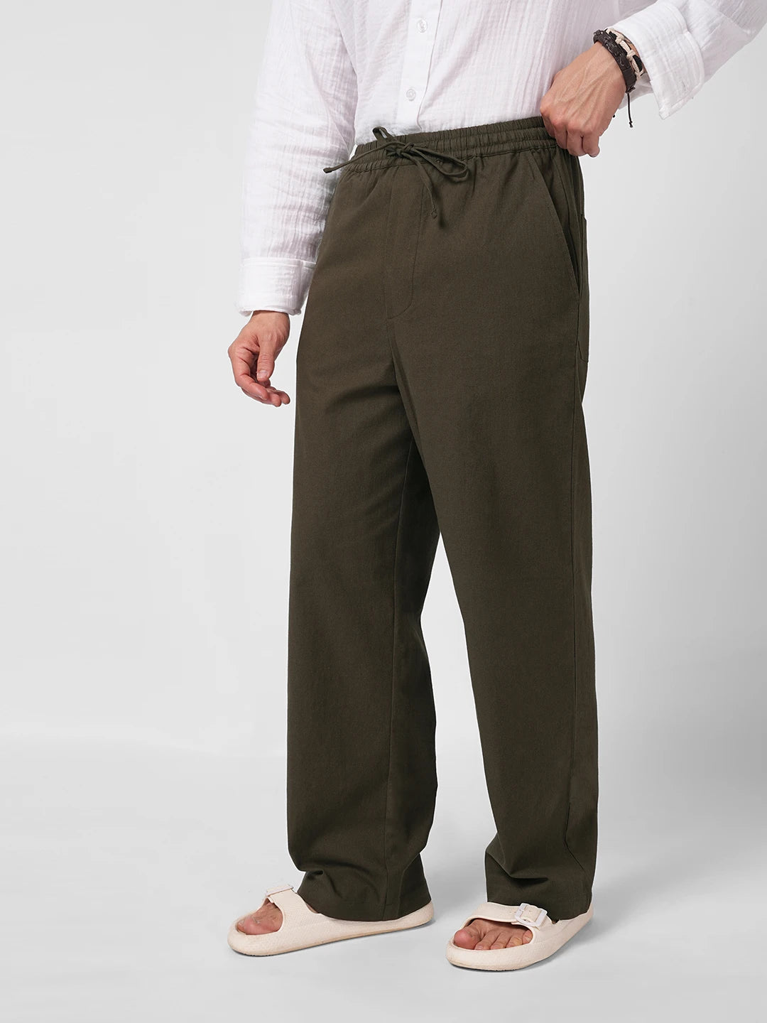 Brunette Brown Slub Weave Straight Fit Trousers