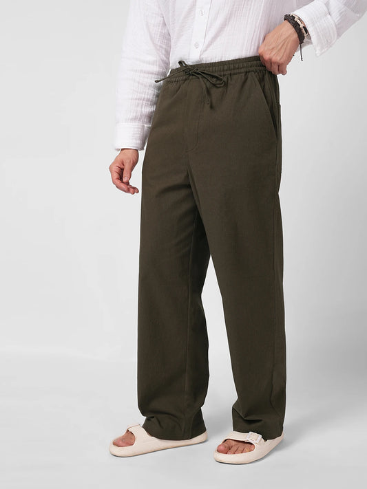 Brunette Brown Slub Weave Straight Fit Trousers