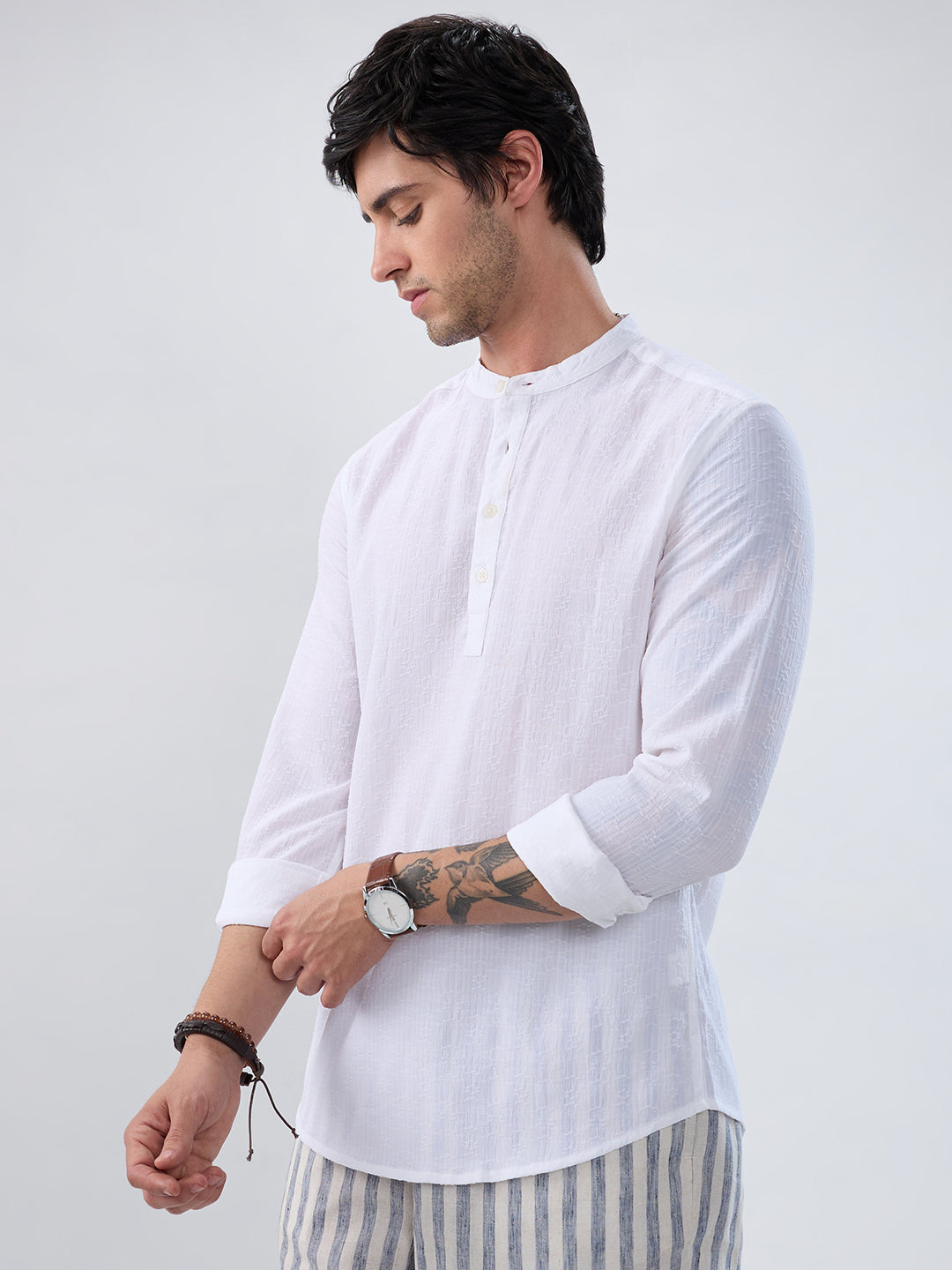 White Fine Weave Textured Kurta