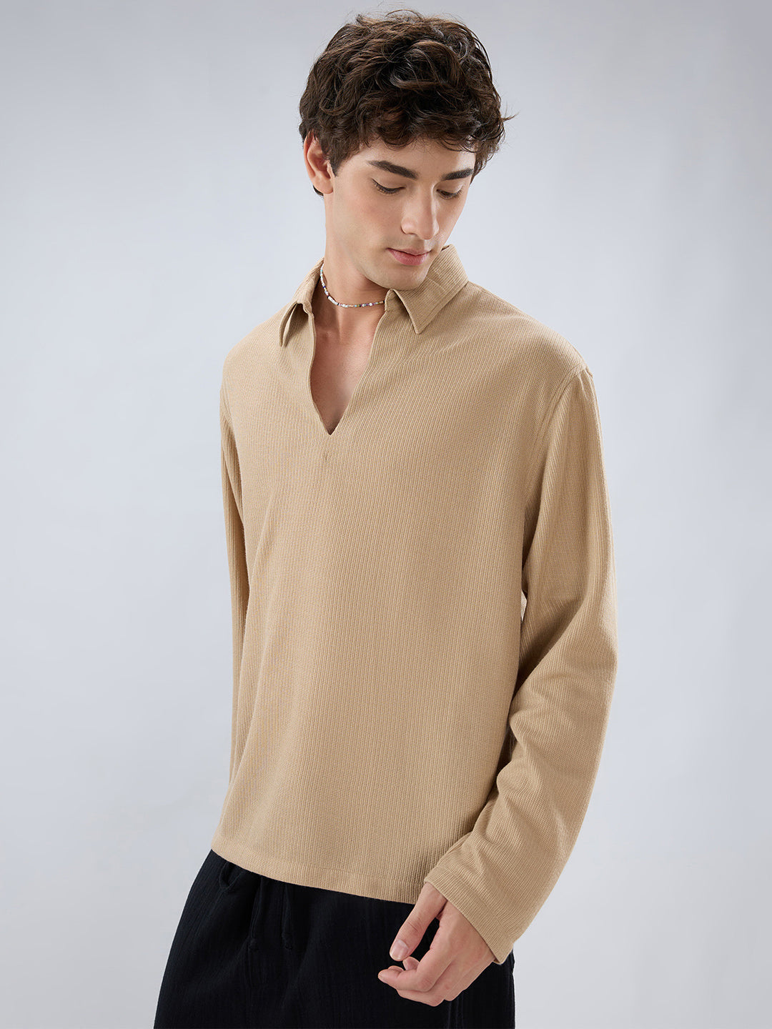 Tan Micro Weave Knitted Oversized Polo Shirt