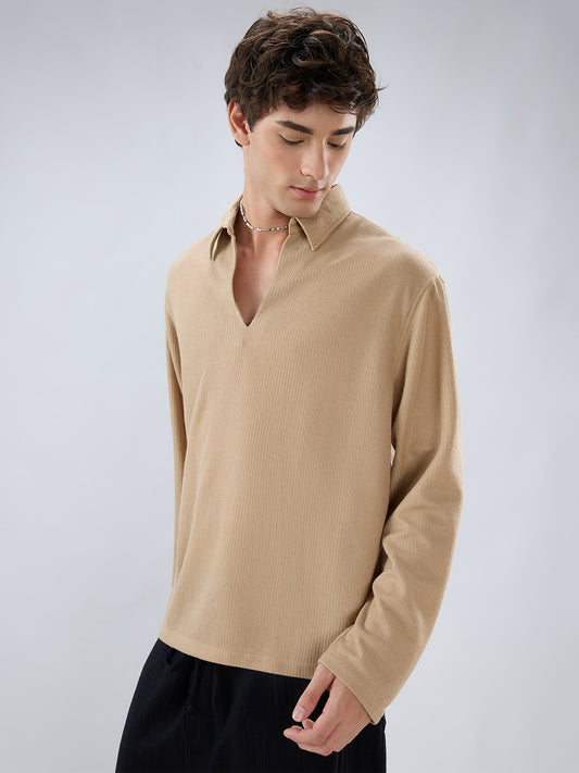 Tan Micro Weave Knitted Oversized Polo Shirt
