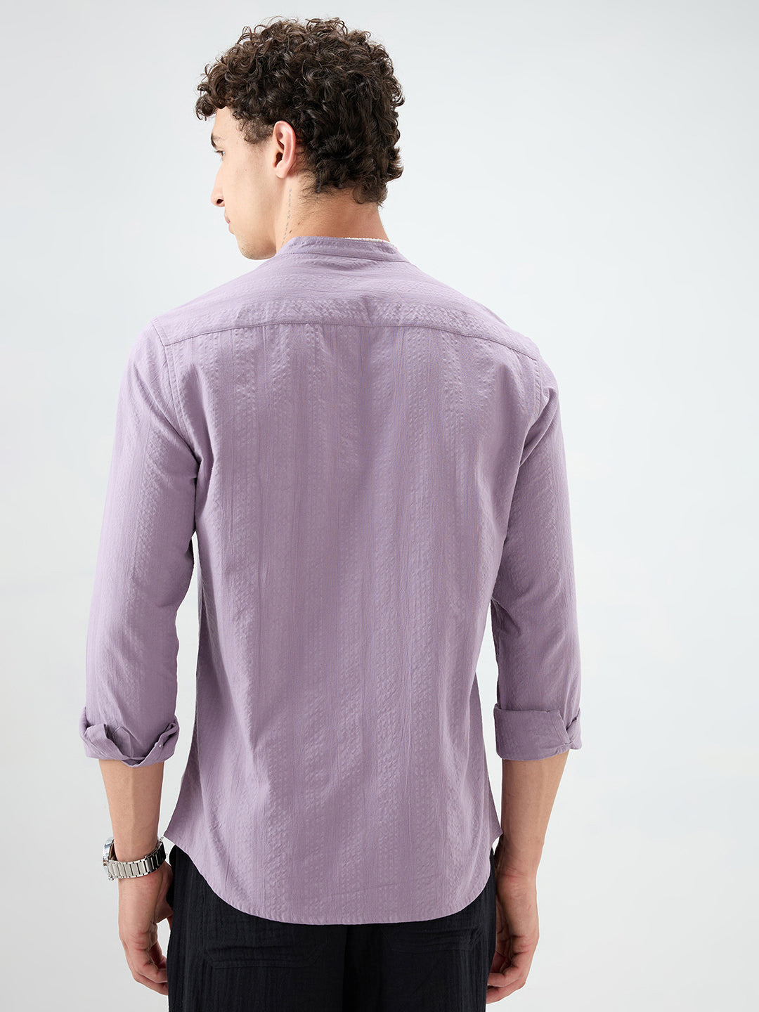 Soft Lavender Seersucker Striped Mandarin Shirt