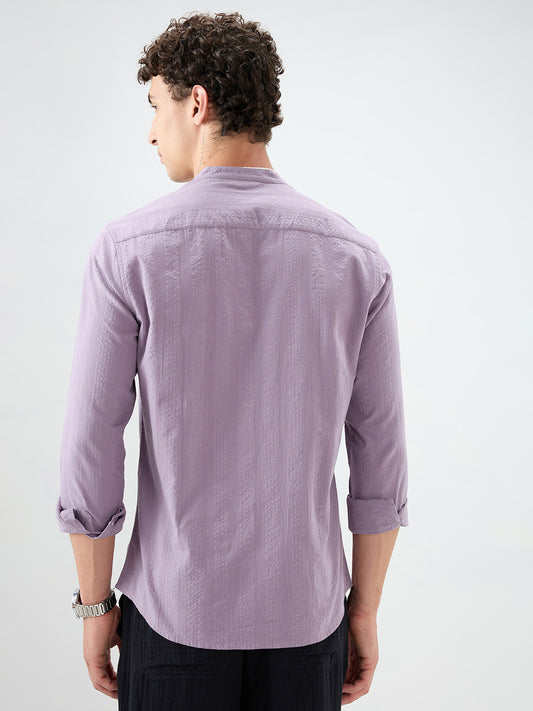 Soft Lavender Seersucker Striped Mandarin Shirt